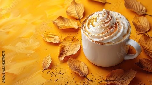 Autumn leaves surround a hot cup of pumpkin spice latte topped with whipped cream, blending seasonal warmth and cozy flavors perfectly.