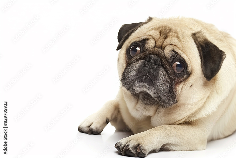 Obraz premium Full body studio portrait of a beautiful pug dog. The dog is lying down and looking up over a background of pastel shades, radiating charm and playfulness.