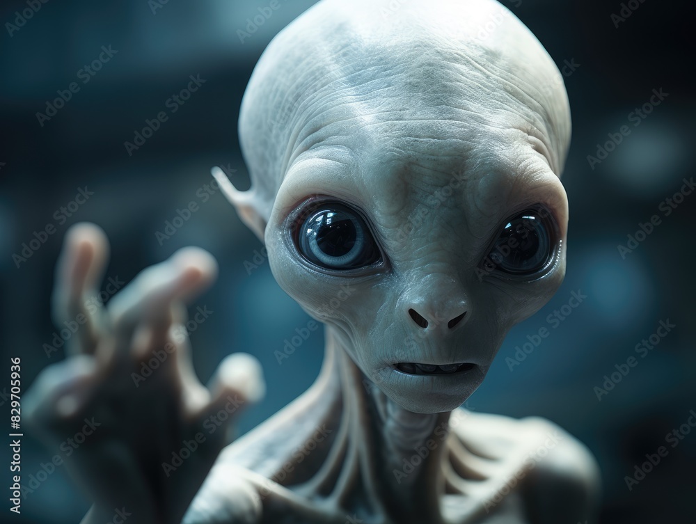 An alien against the backdrop of an atmospheric dark sky. UFO day An alien against the backdrop of an atmospheric dark sky. UFO day