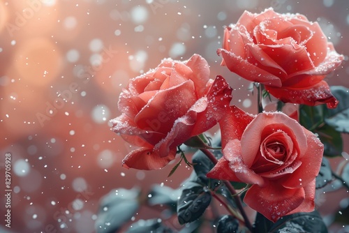 Beautiful red roses covered in snow, showcasing a delicate balance between nature and the colder elements during winter. photo