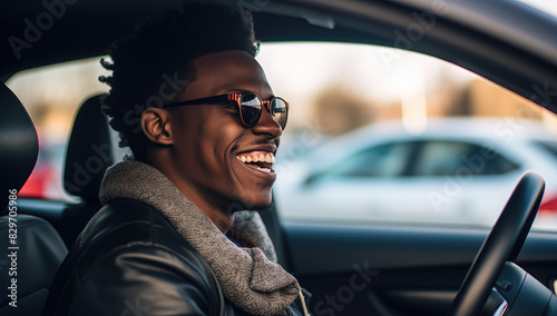 Side portrait of happy african american man driving car
