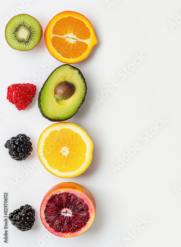 healthy food fruit avocado orange raspberry blackberry lime kiwi white background copy space