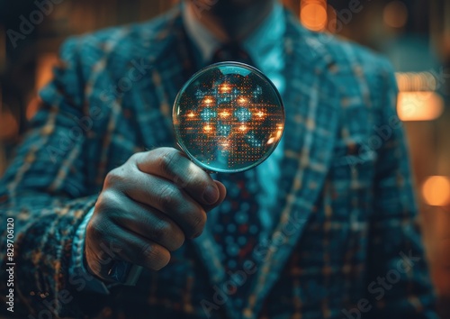 Close-up of a person holding a magnifying glass with lights in the background, creating a mysterious and investigative atmosphere.