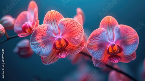 Close-up of beautiful pink orchids in bloom against a blurred teal background. Vibrant and delicate  perfect for nature and floral photography.