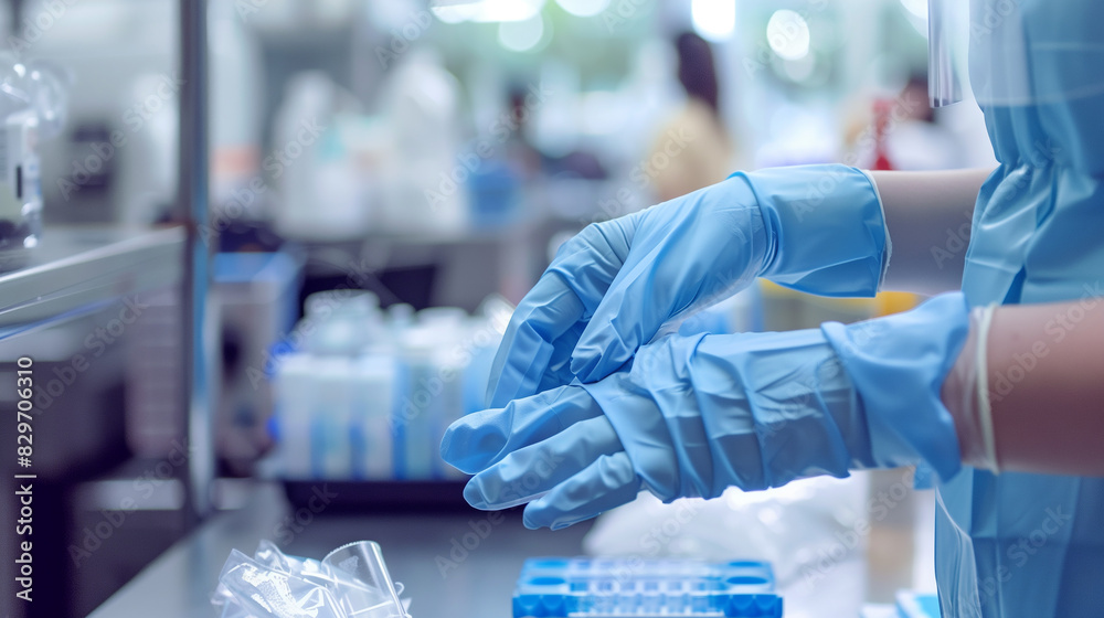 A person is working on a computer with a white lab coat on. They are wearing gloves and are touching a computer A person is working on a computer with a white lab coat on. They are wearing gloves and are touching a computer