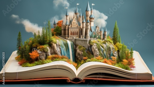 3D pop-up book with illustration on the theme of a castle and a fairy tale. fairytale 3d castle stands on an open book.