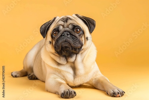 Full body studio portrait of a beautiful pug dog. The dog is lying down and looking up over a background of pastel shades, radiating charm and playfulness.