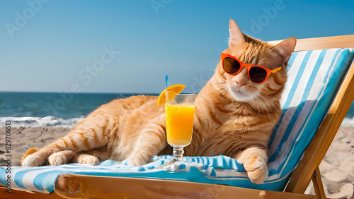A chill orange tabby cat lounges in a beach chair wearing cool sunglasses with a cocktail and ocean backdrop, embodying ultimate relaxation and vacation vibes	 photo