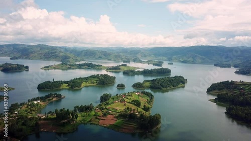 Lake Bunyonyi With Lush Green Islands In Uganda, East Africa. aerial shot photo