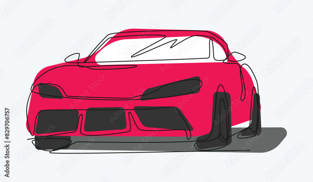 Continuous one line drawing of sport car. Vehicle, racing, transportation concept. Editable stroke. Colored vector illustration.
