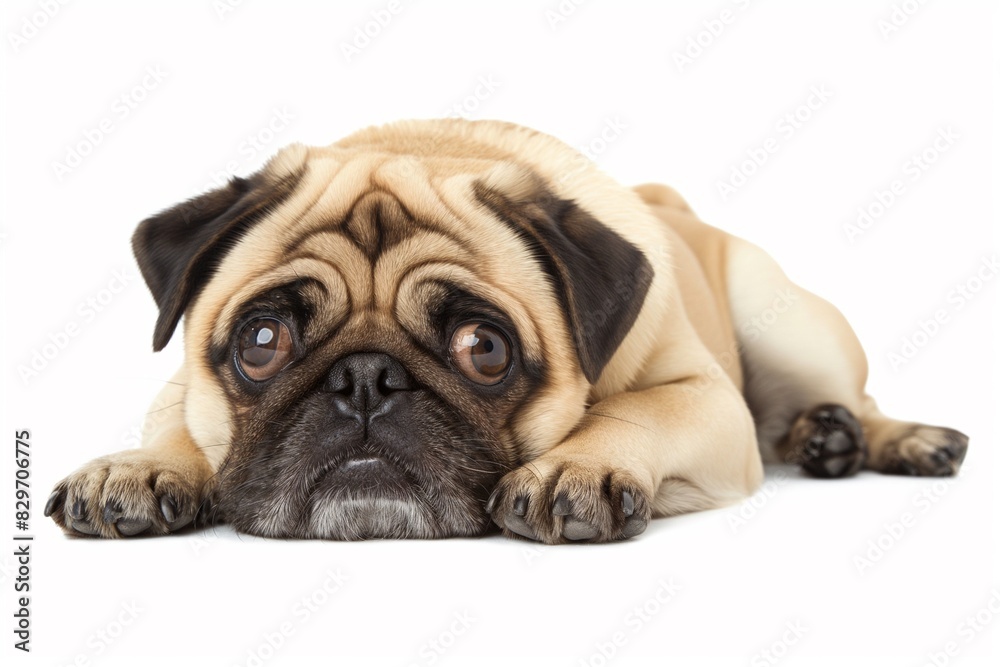 Full body studio portrait of a beautiful pug dog. The dog is lying down and looking up over a background of pastel shades, radiating charm and playfulness. Full body studio portrait of a beautiful pug dog. The dog is lying down and looking up over a background of pastel shades, radiating charm and playfulness.