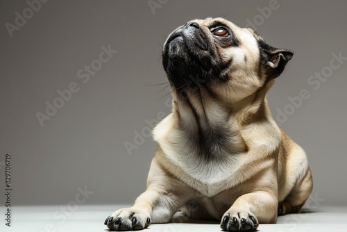 Full body studio portrait of a beautiful pug dog. The dog is lying down and looking up over a background of pastel shades, radiating charm and playfulness.