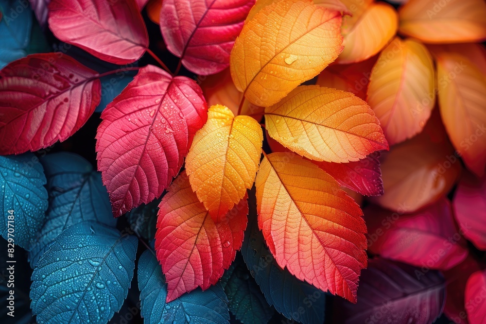 Vibrant close-up of colorful autumn leaves in blue, red, yellow, and orange hues with a soft focus background, capturing the essence of fall.