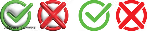 check box icon with correct, accept checkmark icons tick box checked, check list square frame checkbox red X and green tick check marks, approval signs design. Red X and green OK symbol 3D and vector 