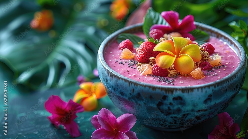 Vibrant tropical smoothie bowl topped with fresh fruit and flowers, set against a lush green background. Vibrant tropical smoothie bowl topped with fresh fruit and flowers, set against a lush green background.