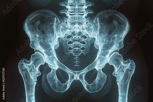 X-ray image of the human pelvic bone displaying clear details of hip joints and spinal bones, used in medical diagnosis and education.