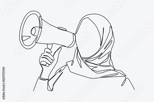 Continuous line drawing of young Muslim woman wearing hijab is announcing with megaphone on white background. Editable stroke. Vector illustration.