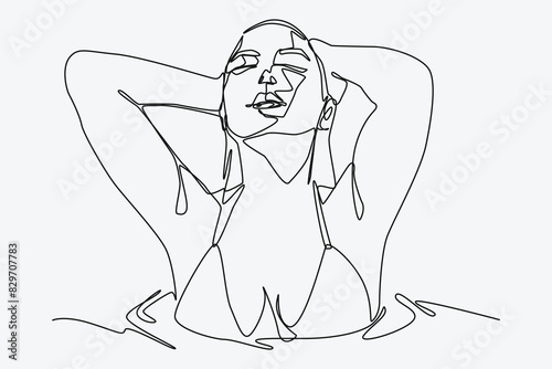 Continuous single line drawing of beautiful woman wear swimwear in the swimming pool. Editable stroke on white background. Minimalist vector illustration.