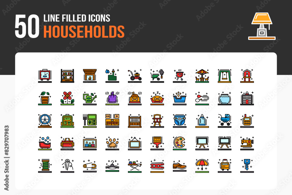 Set of 50 Households icons related to House, Front door, Back door, Window Line Filled Icon collection Set of 50 Households icons related to House, Front door, Back door, Window Line Filled Icon collection