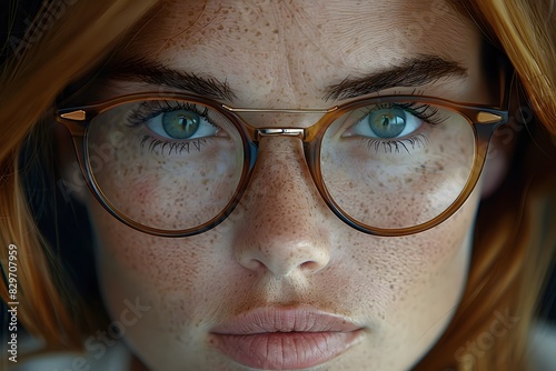 Close-Up Portrait of Freckled Woman with Glasses and Green Eyes - Fashion and Beauty Concept for Stock Photography