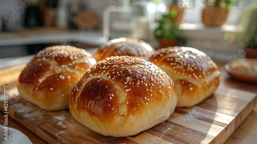 A close-up shot of golden freshly baked buns with sesame seeds on top, placed on a wooden cutting board