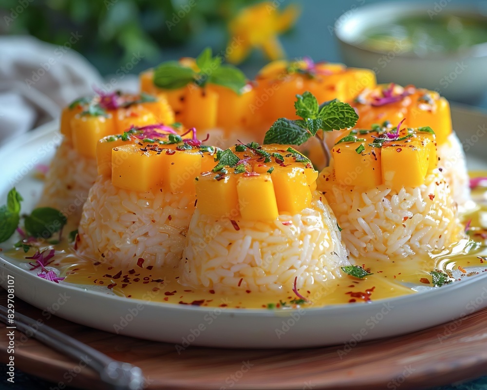 Delicious mango sticky rice dessert beautifully plated with fresh herbs and flowers as garnish, offering a touch of elegance to the sweet treat. Delicious mango sticky rice dessert beautifully plated with fresh herbs and flowers as garnish, offering a touch of elegance to the sweet treat.