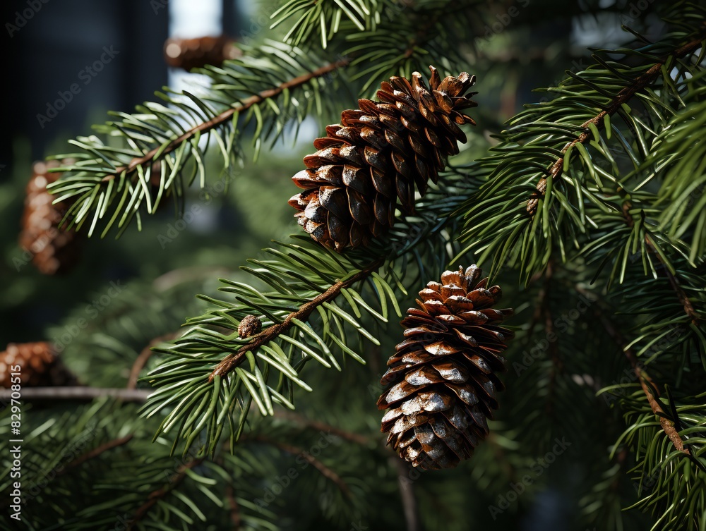 Pine tree branch with cones, close-up. Christmas background Pine tree branch with cones, close-up. Christmas background