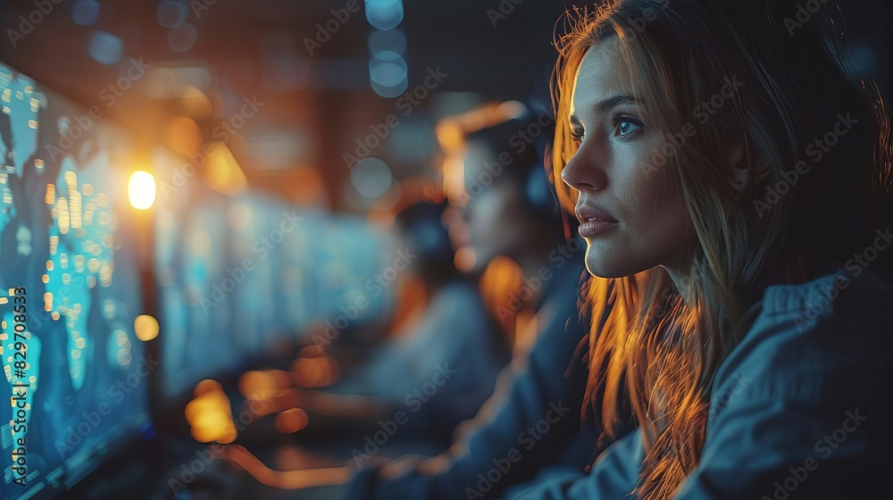 Focused woman working on computer in control room with large monitors, analyzing data. Teamwork, technology, and innovation in action. Focused woman working on computer in control room with large monitors, analyzing data. Teamwork, technology, and innovation in action.