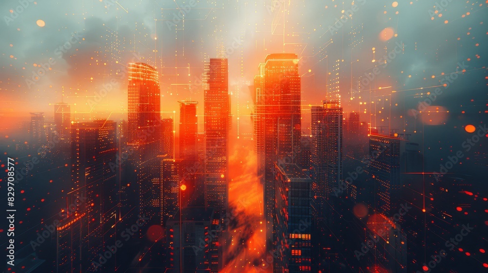 A digitally enhanced cityscape with futuristic overlay elements and bokeh light effects creating a cybernetic atmosphere
