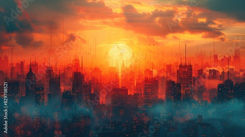 This surreal cityscape captures a sunset scene with abstract digital elements layered over the skyline  evoking a dreamlike quality