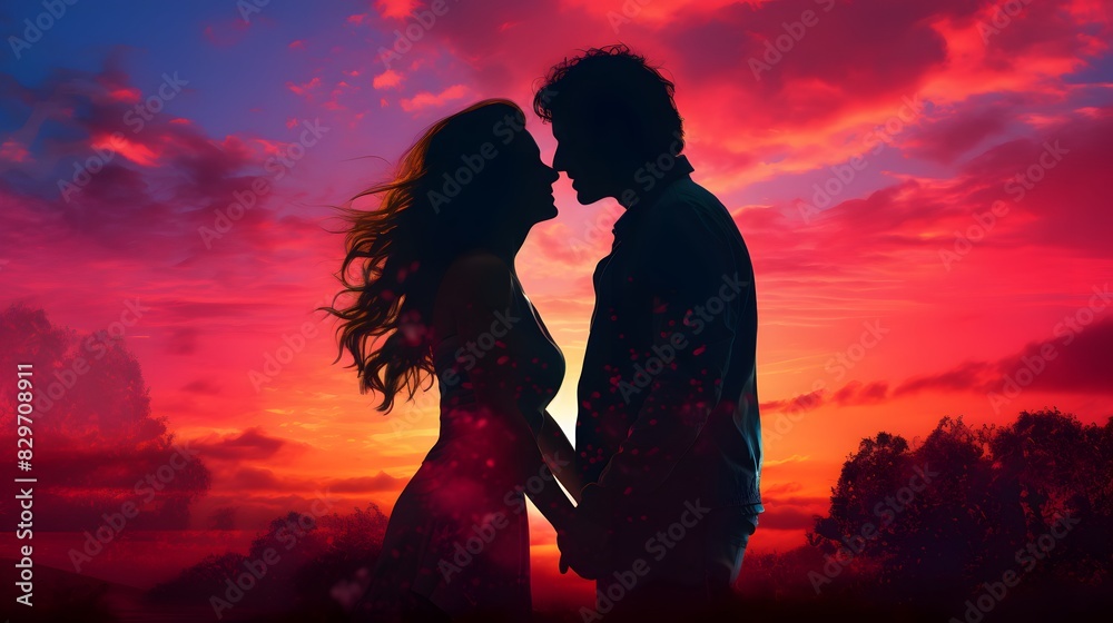 Silhouette of a couple sharing a kiss against an orange sunset sky. Generative AI.