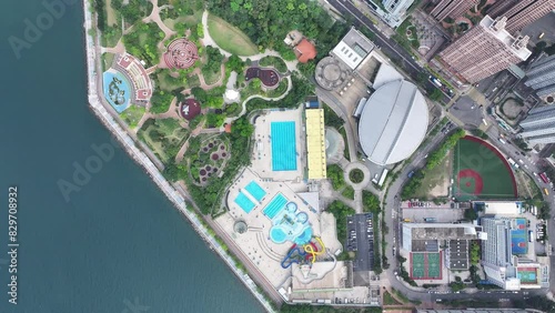 Aerial tour over Hong Kong Ma On Shan residential townships, parks, beaches along Sha Tin Wu Kai Sha
 coastline photo