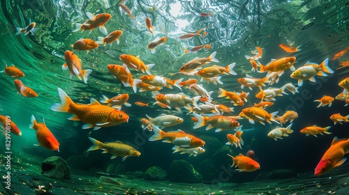 Underwater view of a school of goldfish peacefully swimming among green aquatic plants in their natural habitat