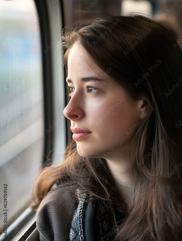 Train young female leaving for work in morning commute commuting to city. Urban travel student traveling on rails.