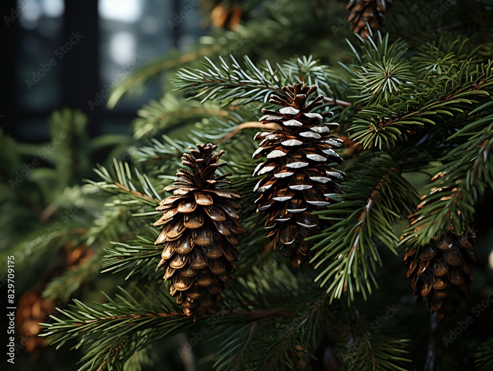 Pine tree branch with cones, close-up. Christmas background Pine tree branch with cones, close-up. Christmas background