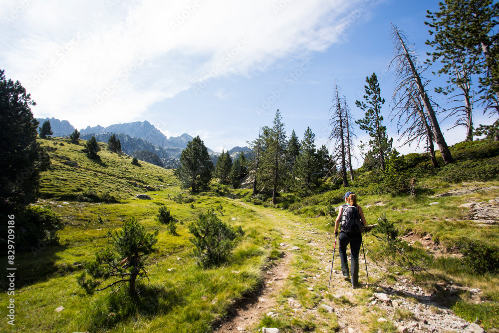 Young hiker woman in Vall de Boi, Aiguestortes and Sant Maurici National Park, Spain