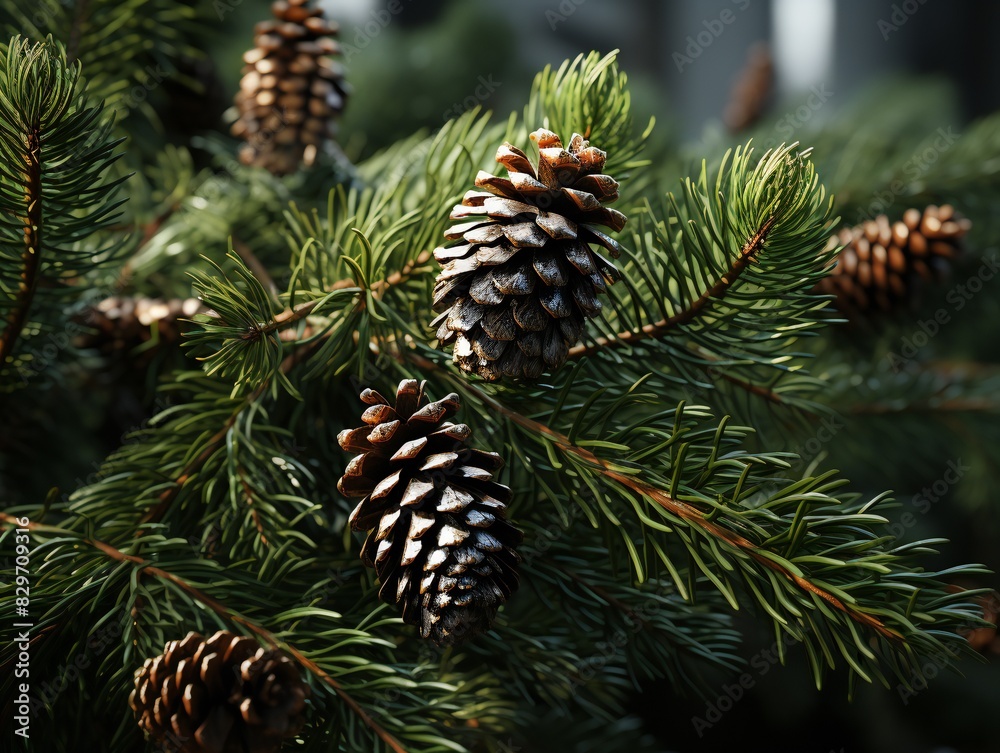 Pine tree branch with cones, close-up. Christmas background Pine tree branch with cones, close-up. Christmas background