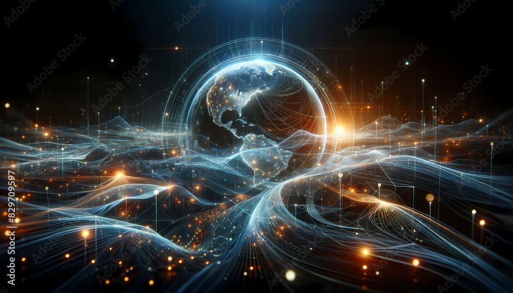 Obraz premium A futuristic landscape filled with flowing lines, glowing points of light, and digital streams, representing a dynamic interplay of data within a cityscape