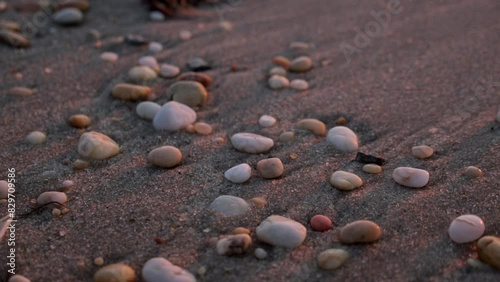 Close Up Pebblles Rest on Beach at Sunset photo