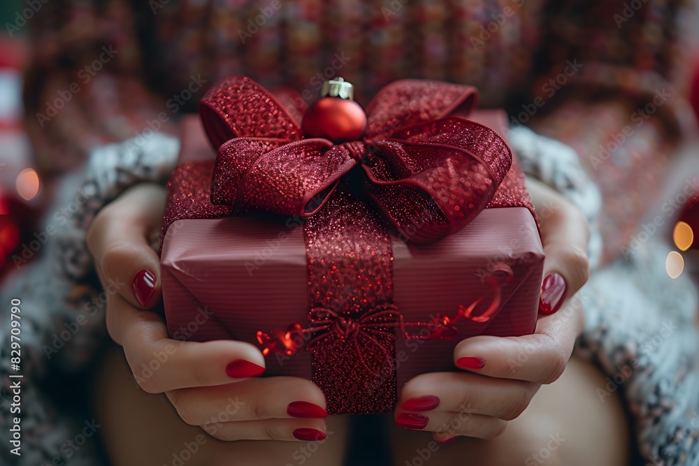 Festive Christmas Gift Wrapped in Red with Glittery Bow - Holiday Present for Special Occasions Festive Christmas Gift Wrapped in Red with Glittery Bow - Holiday Present for Special Occasions