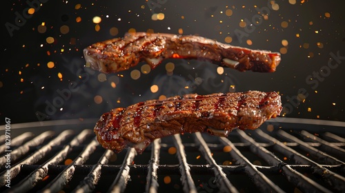 Grill Pork Chops Beef steaks, realistic 3d brisket flying in the air, grilled meat collection, ultra realistic, icon, detailed, angle view food photo, steak photo