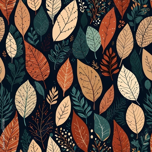 Seamless pattern with abstract forms and leaves ornament Generative AI 