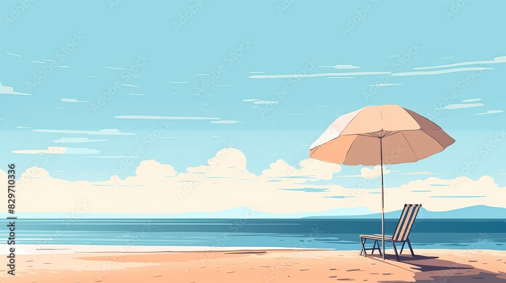 Scenic beach view with a solitary lounge chair under a sunshade on a sunny day, calm sea, and clear sky. Scenic beach view with a solitary lounge chair under a sunshade on a sunny day, calm sea, and clear sky.