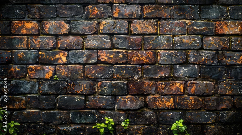 Weathered Brick Wall With Dark Mortar Joints And Green Plants Growing In The Cracks Weathered Brick Wall With Dark Mortar Joints And Green Plants Growing In The Cracks