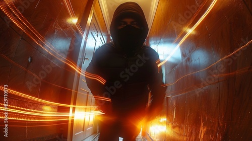 A person stands in a futuristic tunnel with bright light patterns, emitting a sense of mystery and exploration