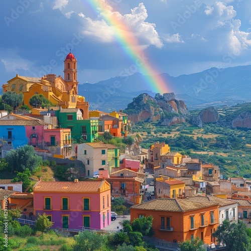A vibrant rainbow arches over a colorful village nestled in a picturesque landscape with mountains in the background photo