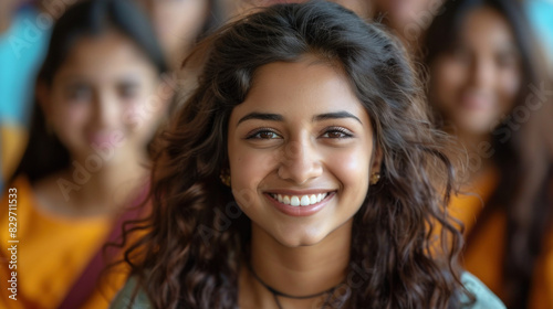 Smiling young woman in focus with her friends blurred in the background