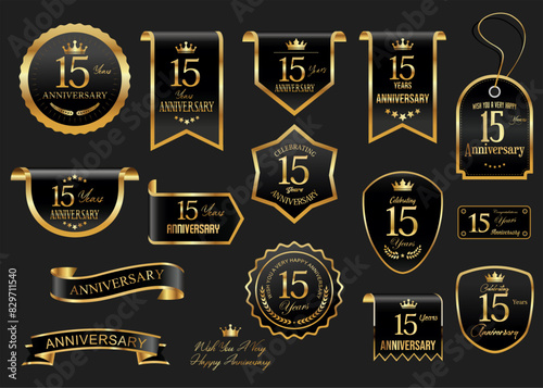 Collection of  Anniversary gold laurel wreath badges and labels vector illustration