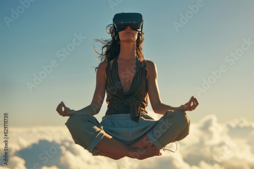 A woman wearing VR headset is meditating in the air with the sun setting behind