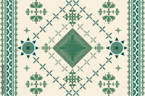 Ethnic green pastel geometric oriental traditional seamless on beige background pattern. Native Aztec style design for fabric, wallpaper, texture, textile, ornaments, embroidery 